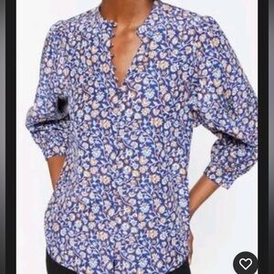 J. McLaughlin Blouse Mini Secret Garden Blue Floral Print Silk Blend M Flaw